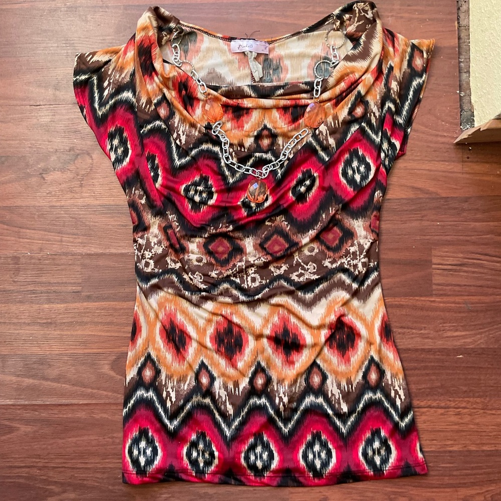 Red & Orange Tribal patterned V-neck Top